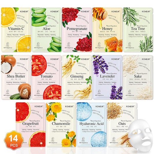 KONEUK 14 Pack Sheet Face Masks Skincare, Hydrating Face Masks Suitable for Dry Skin, Bulk Facial Mask Set for Women Skin Care, Face Mask Gifts Set for Face Spa