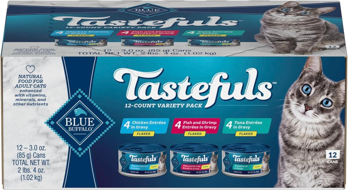Blue Buffalo Tastefuls Flaked Wet Cat Food Variety Pack, Made with Natural Ingredients, Tuna, Chicken, Fish & Shrimp, 3-oz Cans (12 Count, 4 of Each)