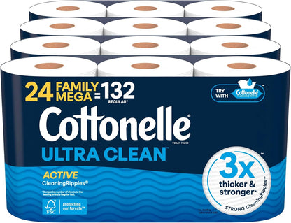Cottonelle Ultra Clean Toilet Paper with Active CleaningRipples Texture, Strong Bath Tissue, 24 Family Mega Rolls = 132 Regular Rolls (4 Packs of 6)