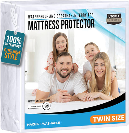 Twin Size Mattress Protector Waterproof, Premium 200 GSM Terry Mattress Cover, Soft & Breathable Bed Cover, Fitted Sheet Style Stretchable Deep Pockets 15" by Utopia Bedding (White)