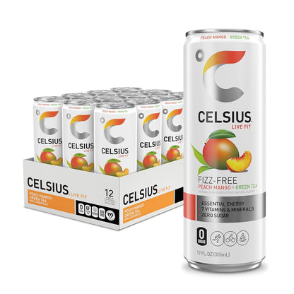 CELSIUS Fizz Free Peach Mango Green Tea, Sugar Free Energy Drink, 12 Fl Oz (Pack of 12)