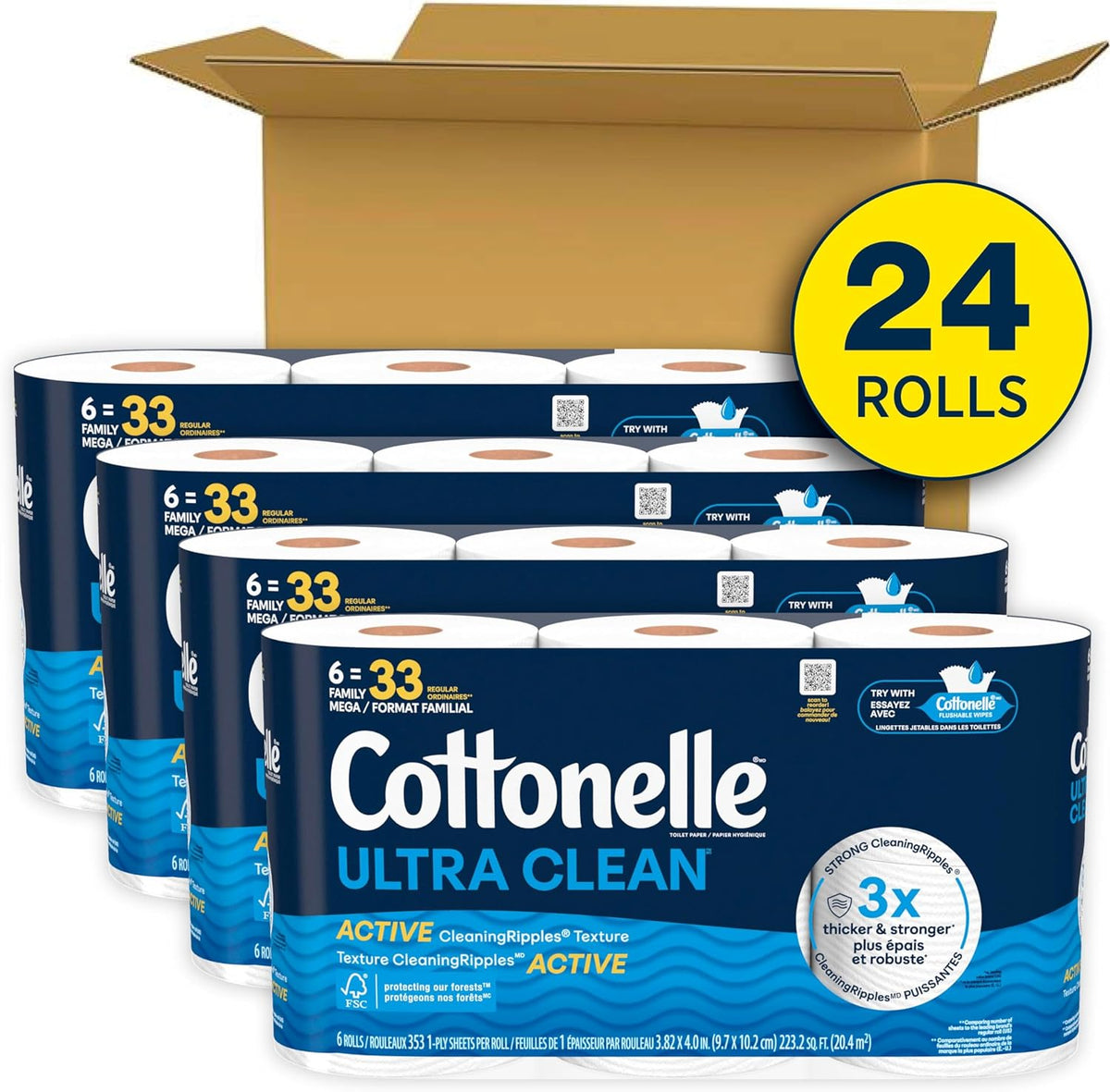 Cottonelle Ultra Clean Toilet Paper with Active CleaningRipples Texture, Strong Bath Tissue, 24 Family Mega Rolls = 132 Regular Rolls (4 Packs of 6)