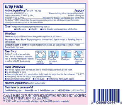 Boiron Camilia Teething Drops for Daytime and Nighttime Relief of Painful or Swollen Gums and Irritability in Babies - 40 Liquid Droppers Bundled in 8 separate packs of 5