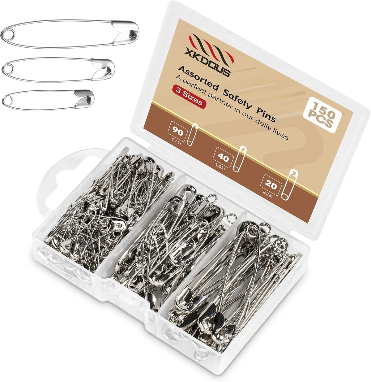 XKDOUS Safety Pins - 150 Pcs Assorted Sizes Silver Pins Bulk - Small & Large Heavy Duty for Clothes, Sewing, Craft