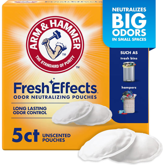 Arm & Hammer Fresh Effects Odor Neutralizing Baking Soda Pouches, Unscented Deodorizer for Long Lasting Freshness in Shoes, Gym Bags, & Small Spaces, 5 count