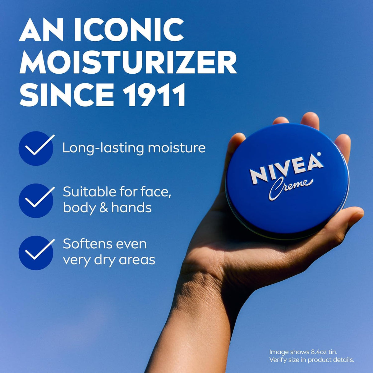 NIVEA Creme Body, Face and Hand Moisturizing Cream, German Formula, Rich Body Moisturizer with Provitamin B5, 8.4 Oz Tin