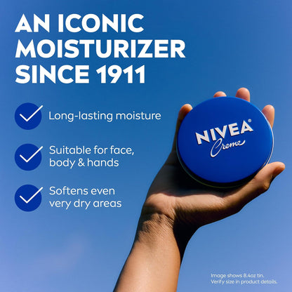 NIVEA Creme Body, Face and Hand Moisturizing Cream, German Formula, Rich Body Moisturizer with Provitamin B5, 8.4 Oz Tin