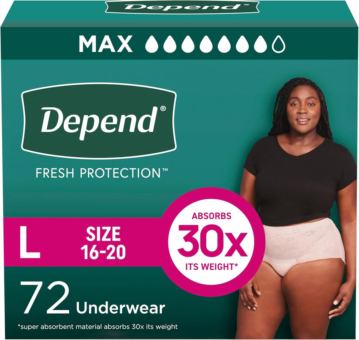 Depend Fresh Protection Adult Diapers, Incontinence & Postpartum Bladder Leak Underwear for Women, Disposable, Maximum, Large, Blush, 72 Count (2 Packs of 36), Packaging May Vary