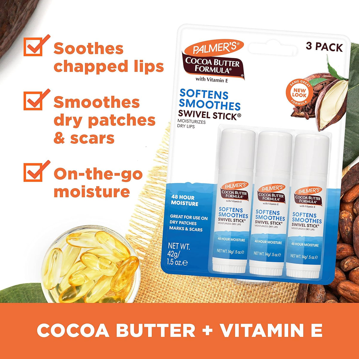Palmer's Cocoa Butter Formula Moisturizing Swivel Stick with Vitamin E, Lip Balm for Valentine's Day, Face & Body Moisturizer Stick, Ideal for Treating Dry Skin Patches (Pack of 3)