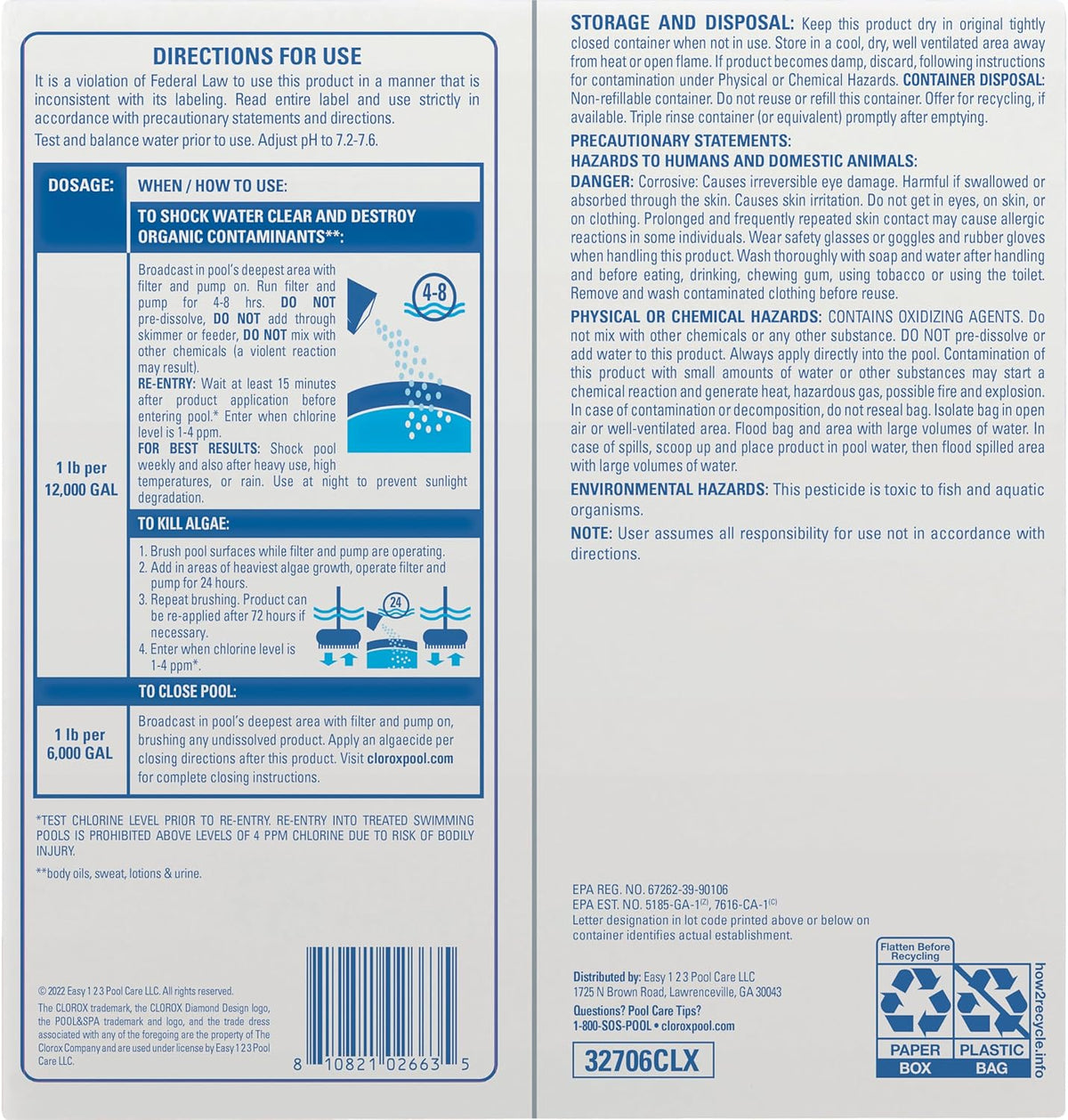 Clorox® Pool&Spa™ Shock Clear, for Crystal Clear Swimming Pool Water, Swim-ready in 15 minutes, Suitable for vinyl pools (6-Pack)