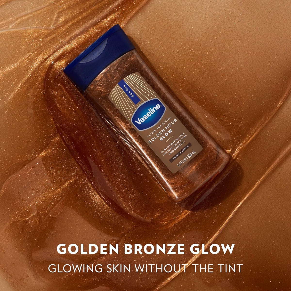 Vaseline Glazed and Glisten Golden Hour Body Gel Oil Glow Vanilla Cocoa Shimmering with Ultra-Hydrating Lipids and 100% Pure Cocoa Butter, 6.8 Oz