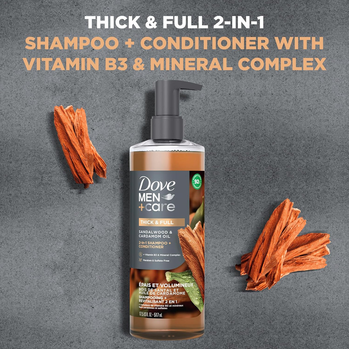 DOVE MEN + CARE 2-in-1 Shampoo + Conditioner Sandalwood & Cardamom Oil for Thick & Full Hair, + Vitamin B3 & Mineral Complex, 17.5 oz