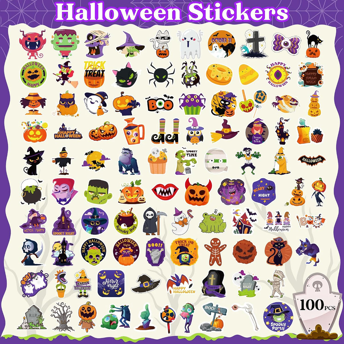 Halloween Stickers | 100 PCS Halloween Party Favors - Halloween Games Toys Gifts Party Supplies - Crafts Accessories Treats Bulk for Classroom